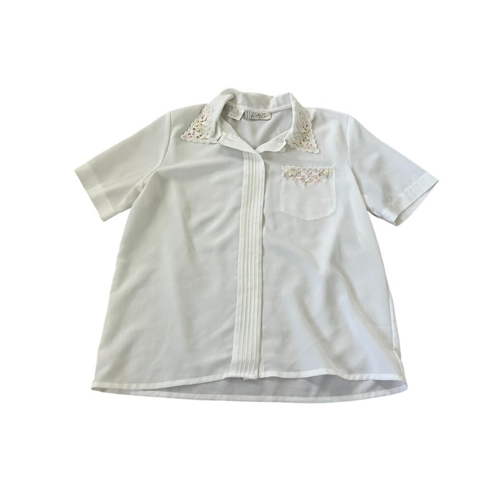 Kathy Che Womens Button Up Shirt White Size 12 Embroidered Floral Short Sleeve
